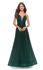 A-line V-neckline sleeveless back strap high slit and floor length evening dress