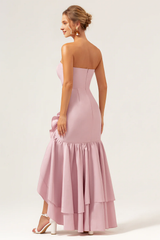Lotus leaf edge slit pink fish tail strapless asymmetrical bridesmaid dress