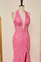 Hot Pink Appliques Halter Mermaid Long Prom Dress with Slit