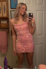 Pink Cowl Neck Sheath Sequins Mini Homecoming Dress Hoco Dresses Tight