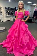 Red Off-the-Shoulder Puff Sleeve Multi-Layer Long Prom Dress
