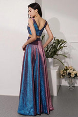 Glitter Two Piece Sequin Prom Dresses Long Evening Dress