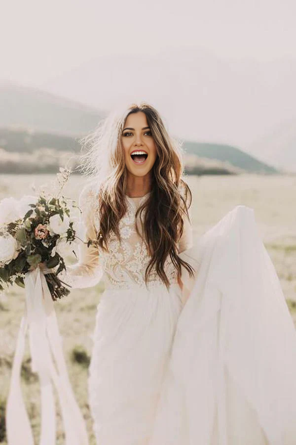 A-line Scoop Lace Long Sleeve Rustic Wedding Dresses