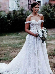 A-Line Elegant Off Shoulder White Tulle Wedding Dress with Appliques