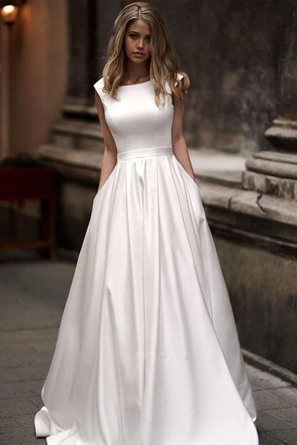 A-line Vintage Princess Ivory Satin Long Wedding Dresses with Pockets