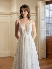 Grey white A-line thin shoulder strap V-neck extra long lace wedding dress
