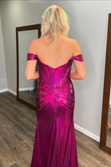 Jimiss minimalist slim fit off shoulder sleeveless pleated high side slit evening gown
