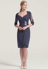 Scalloped Neck 34 Sleeve Knee-Length Chiffon Mother of the Bride Dress With Pleated Beading Appliqued
