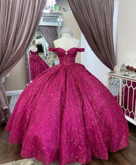 Elegant Hot Pink Sequin Off-the-shoulder Sweet 16 Quinceanera A-Line Tulle Floor-length Prom Dress Birthday Dress Evening Dress Ball Gown HZ1024