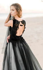 A-Line Beach Lace Tulle Square Neck Floor Wedding Dress with Keyhole Back