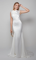 Satin high neck slim fit trumpet shaped back closed wedding dress