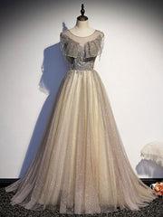 Champagne round neck tulle sequin long prom dress tulle formal dress