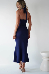 Hanging neck neckline off shoulder lotus leaf edge design Prom dress - Jimiss Dress
