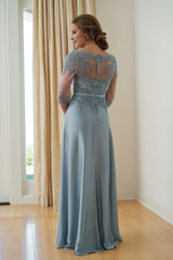 A-line V-neck satin chiffon lace and floor length mother of bride dresses