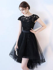 Black lace short prom dress, hight low homecoming dress