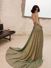 Unique backless long prom dress, green evening dress