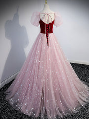 Simple pink A line tulle long prom dress, pink evening dress