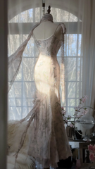 Light Pink Straps Mermaid Beaded Long Evening Dresses Birthday Outfits, HZ0319