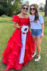 Red Off-the-Shoulder Puff Sleeve Multi-Layer Long Prom Dress