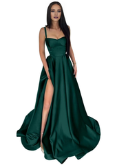 Thin shoulder strap satin ball gown with long A-line slit and pleated formal party evening gown