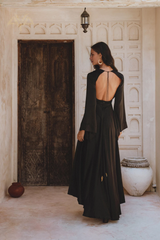 Jimiss V-neck long sleeved backless and floor length evening dress