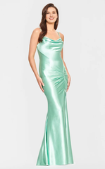 Hooded spoon collar thin shoulder strap side slit and floor length evening dress