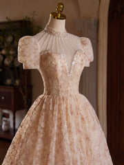 A-line Champagne Pink Tulle Lace Tea Length Prom Dress with Beads