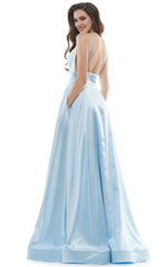 A-line V-neck sleeveless tight corset with side slits and floor length evening gown