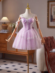 A-Line Tulle Lace Purple Short Prom Dress, Purple Homecoming Dress