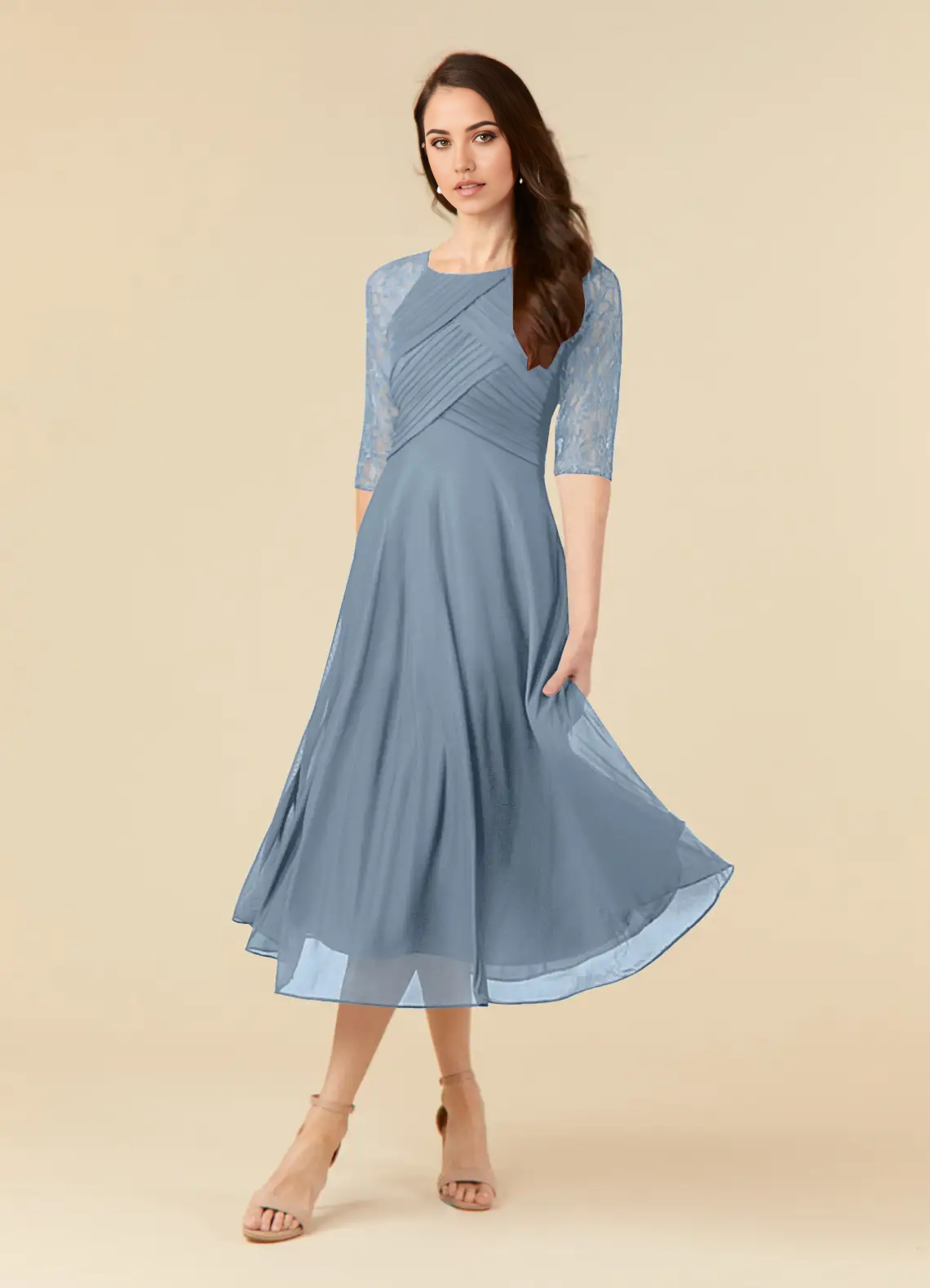 A-Line Lace Tea Length Dusty Blue formal dresses evening dress Mother of the Bride Dresses