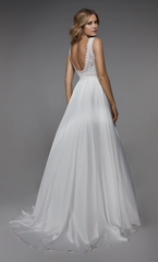 Perfect satin V-neck A-line lace tight hem and floor length wedding dresses