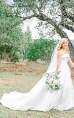 A-Line Strapless Beach Elegant Satin Wedding Dress With Button Back And Chapel Train
