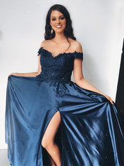 A-Line Off Shoulder Split White Appliques Prom Evening Party Dress