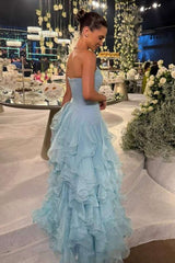 Strapless Ice Blue Ethereal Ruffle A-Line Prom Dress