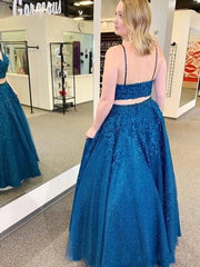 Lace Appliques Sparkly V Neck Two Pieces A Line Blue Prom Dress