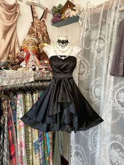 Vintage A Line Black Short Prom Dress Cocktail Dresses Satin Homecoming Dress