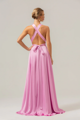 Pink A-line deep V-neck lace up back long slit satin bridesmaid dress