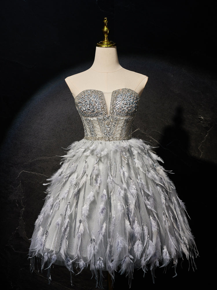 Gray Sweetheart Neck Tulle Beads Feather Short Prom Dress, Cute Gray Homecoming Dress