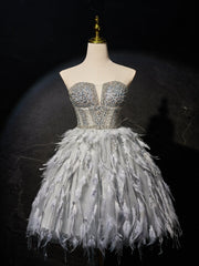 Gray Sweetheart Neck Tulle Beads Feather Short Prom Dress, Cute Gray Homecoming Dress
