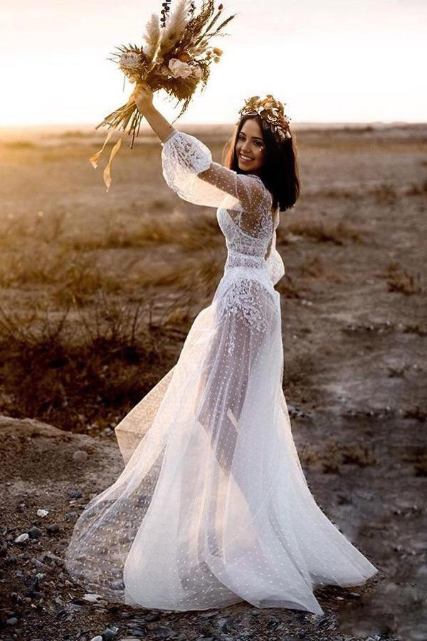 Beach A-Line V-Neck Long Sleeves Wedding Dress with Appliques