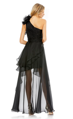 One shoulder collar tight corset with ruffled edges and floor length evening dress