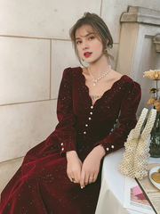 Velvet Long Sleeves Party Dress V-neckline Prom Dress Evening Dress