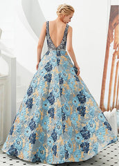 Tulle V-neck A-line Floral Formal & Evening Dress with Beading