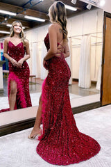 White Iridescent Sequins Feather Mermaid Long Prom Dress with Slit
