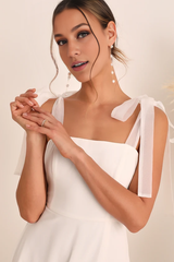 Romance White Tie-Strap Maxi Dress A-Line Long Simple Wedding Dresses With Slit