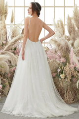 V-neck sleeveless thin shoulder strap and floor length wedding dress
