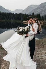 Two Piece Round Neck Lace Top Chiffon Iovry Wedding Dresses with Long Sleeves