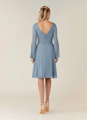 A-Line V-Neck Long Sleeve Pleated Dusty Blue formal dresses evening dress Mother of the Bride Dresses