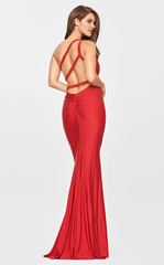 Mermaid shoulder collar satin backless tie and floor length evening dress