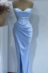 Sheath Spaghetti Straps Satin Pleated Light Blue Long formal dresses Bridesmaid Dresses evening gown Prom Dress with Slit